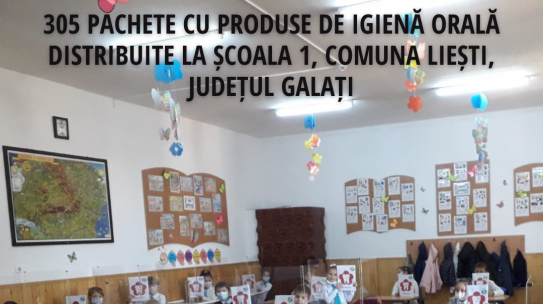 Echipa Merci Charity a distribuit 991 de pachete cu produse de igienă pentru sănătate orală pentru prevenirea cariei dentare copiilor din 12 sate gălățene din comunele Liești și Berești-Meria